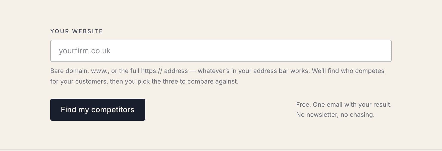 The first step of Intel loops for local services: enter your website to find your competitors