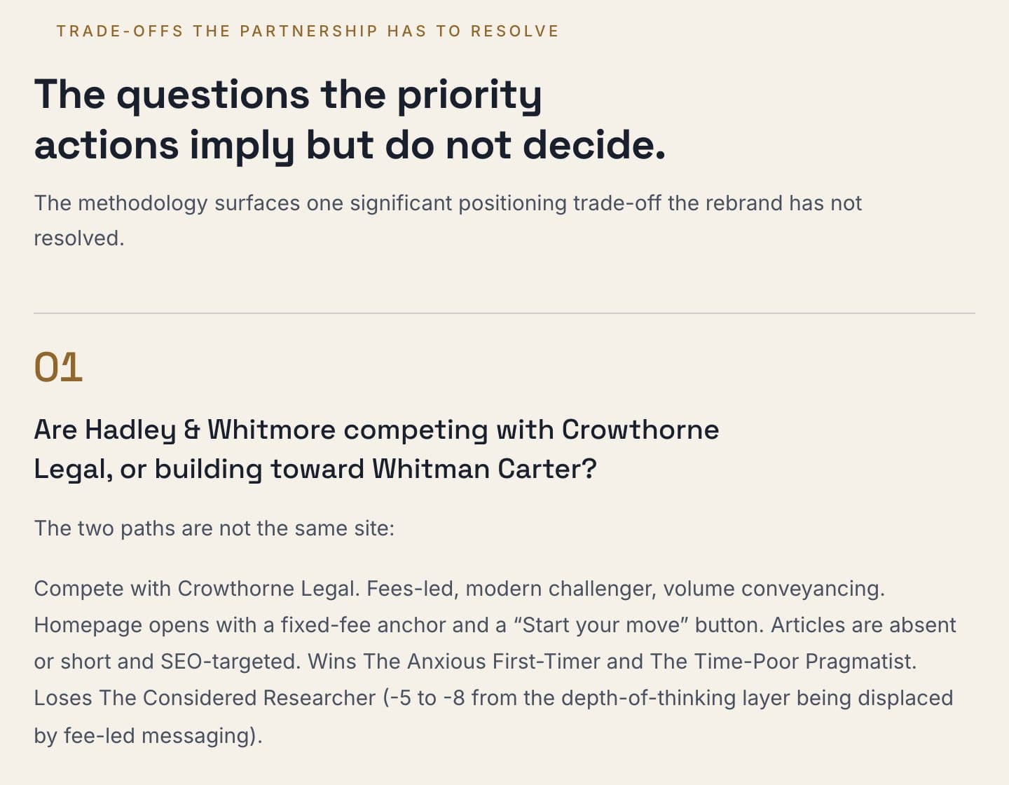 The sample report's trade-offs section: the positioning question the priority actions imply but do not decide, with the two paths set side by side