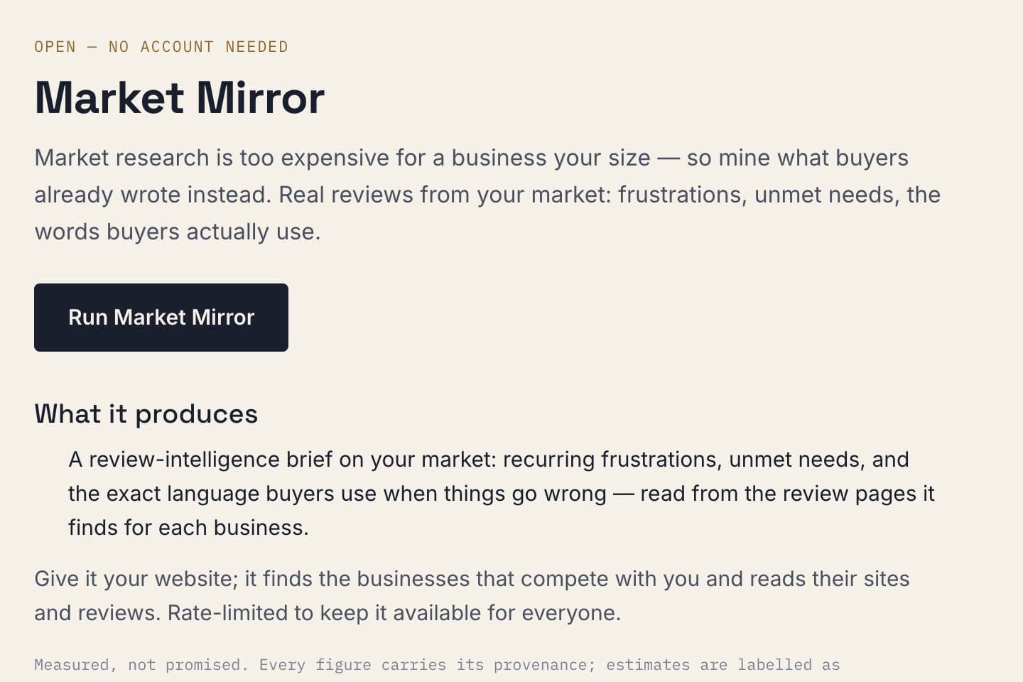 The Intel loop reviews tool: what it produces, a brief of recurring frustrations, unmet needs and buyers' own words from your market's reviews