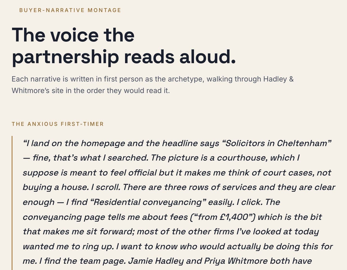 The sample report's buyer narrative: a first-person walk through the firm's site as one buyer archetype would read it